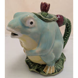 Henriksen Imports Frog Teapot Ceramic Majolica Pitcher Green Yellow Lily Pad Design