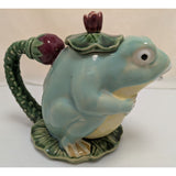Henriksen Imports Frog Teapot Ceramic Majolica Pitcher Green Yellow Lily Pad Design
