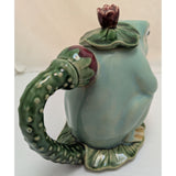 Henriksen Imports Frog Teapot Ceramic Majolica Pitcher Green Yellow Lily Pad Design