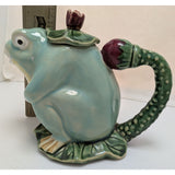 Henriksen Imports Frog Teapot Ceramic Majolica Pitcher Green Yellow Lily Pad Design