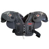 A pair of black and dark gray football shoulder pads with white laces, featuring 'Lightning' and 'Schmitt' branding on a white background.
