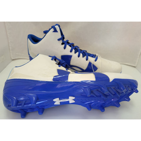 15 Men's Under Armour White Blue Fierce Phantom Mid MC UA Football Cleats 1283304-141