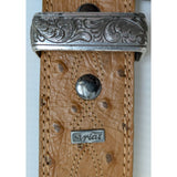 AS-IS Discoloration 36 Ariat Belt Ostrich Print Leather Western Silver Tone Tip Buckle Ladies