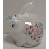 3" Signed Fenton Hand Painted Iridescent Art Glass Bunny Figurine Spring Floral Easter Brock USA Rabbit