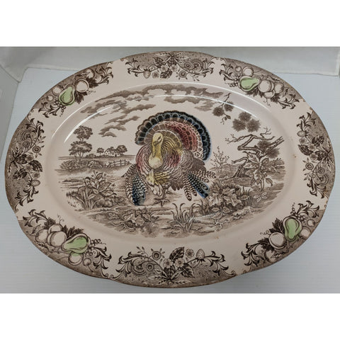 18x13 Oval Ceramic Thanksgiving Turkey Serving Platter Japan Made Vintage Transferware Japanese