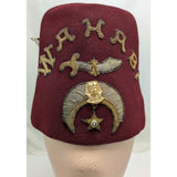 7 3/8 Wahabi Shriners Fez Hat Burgundy Gemsco Wool ORA Rhinestone Sword Pin USA