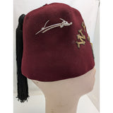 7 3/8 Wahabi Shriners Fez Hat Burgundy Gemsco Wool ORA Rhinestone Sword Pin USA