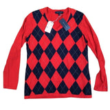M Tommy Hilfiger Medium Red & Navy Argyle Sweater 100% Cotton Long-Sleeve V-Neck