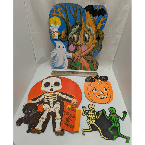 4 Rare Dennison ? 1970s Tricks or Treats Skeleton Tree Ghost Pumpkin Halloween Die-Cut Decorations Vintage