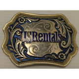US Rentals Ornate Western Belt Buckle Vintage Silver Blue Floral Design