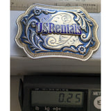 US Rentals Ornate Western Belt Buckle Vintage Silver Blue Floral Design