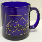 2 Gold City Skyline Libbey USA Cobalt Blue Coffee Mug Denver ? Mountains Glass