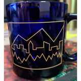 2 Gold City Skyline Libbey USA Cobalt Blue Coffee Mug Denver ? Mountains Glass