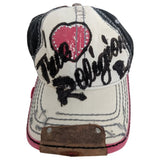 True Religion Rhinestone Heart Embroidered Cotton Stitch Denim Worn Y2K Hat Cap