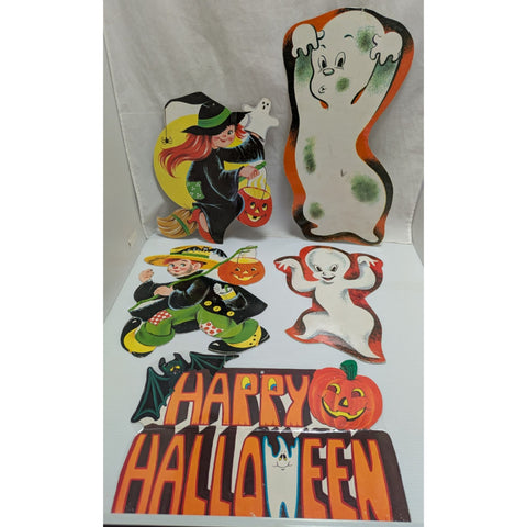 5 Eureka 1970s Hobo Casper Ghost Witch Happy Halloween Decorations Die-Cut USA Vintage