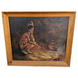 1960 Carl Zeller Signed Native American Sitting By Fire Painting Framed Canvas Art