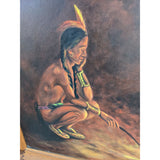 1960 Carl Zeller Signed Native American Sitting By Fire Painting Framed Canvas Art