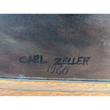 1960 Carl Zeller Signed Native American Sitting By Fire Painting Framed Canvas Art