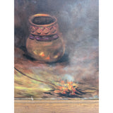 1960 Carl Zeller Signed Native American Sitting By Fire Painting Framed Canvas Art