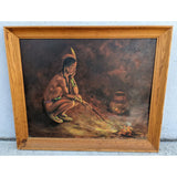 1960 Carl Zeller Signed Native American Sitting By Fire Painting Framed Canvas Art