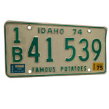 Vintage Idaho 1974 License Plate 1B 41 539 Bannock County Famous Potatoes Metal Green White