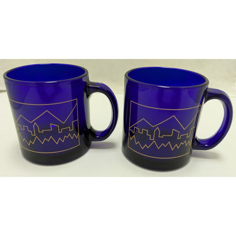 3.5" USA Cobalt Blue Coffee Mug Set Colorado? Glass Gold City Skyline Mountains