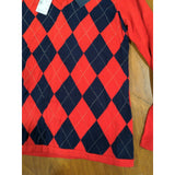 S Tommy Hilfiger Women's Pima Small Red Argyle V Sweater Long Sleeve Cotton Knit