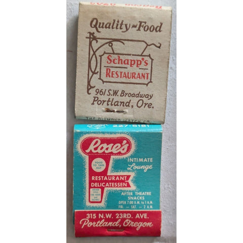 Rose's Lounge Delicatessen Portland Oregon Schapp's Restaurant Matchbook Matches