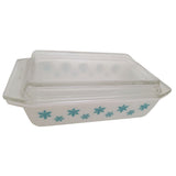 Vintage Pyrex White Turquoise Snowflake White 2 QT Casserole Rectangle 575 B Dish 550 C Lid Space Saver 575B Aqua Blue