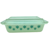 Vintage Pyrex White Turquoise Snowflake White 2 QT Casserole Rectangle 575 B Dish 550 C Lid Space Saver 575B Aqua Blue