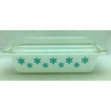 Vintage Pyrex White Turquoise Snowflake White 2 QT Casserole Rectangle 575 B Dish 550 C Lid Space Saver 575B Aqua Blue