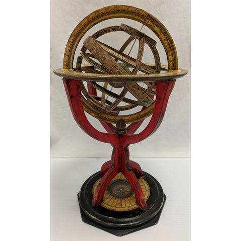 13" Italy Italian Armillary Wood Sphere Globe Vintage Ptolemaic Red Compass Base Decor Astronomy Display