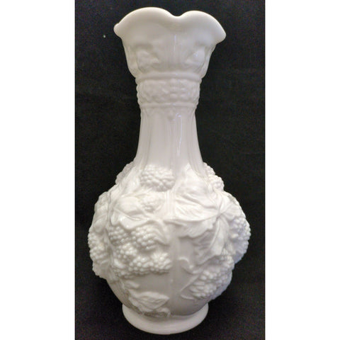 10” Tall Imperial Glass Vase Loganberry White Milk Glass Vase Grape Leaf Pattern Design