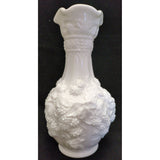 10” Tall Imperial Glass Vase Loganberry White Milk Glass Vase Grape Leaf Pattern Design