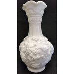 10” Tall Imperial Glass Vase Loganberry White Milk Glass Vase Grape Leaf Pattern Design