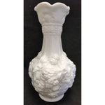 10” Tall Imperial Glass Vase Loganberry White Milk Glass Vase Grape Leaf Pattern Design
