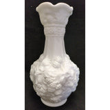 10” Tall Imperial Glass Vase Loganberry White Milk Glass Vase Grape Leaf Pattern Design