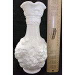 10” Tall Imperial Glass Vase Loganberry White Milk Glass Vase Grape Leaf Pattern Design