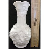 10” Tall Imperial Glass Vase Loganberry White Milk Glass Vase Grape Leaf Pattern Design