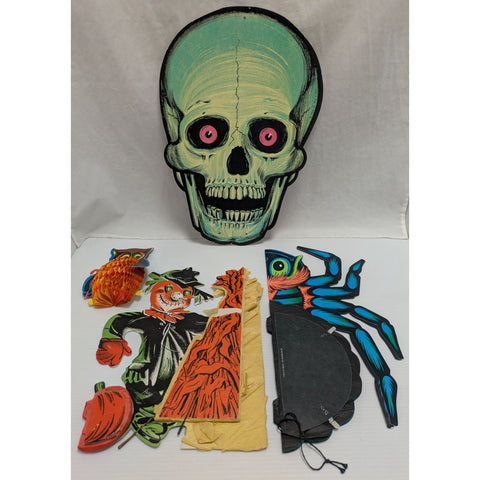 4 Beistle Skull Scarecrow Honeycomb Tissue Spider Owl Vintage Halloween Die-Cut Decorations Set