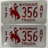 1988 17 356 AY Wyoming Truck License Plate Pair Set Porsche Cowboy Horse Bronc