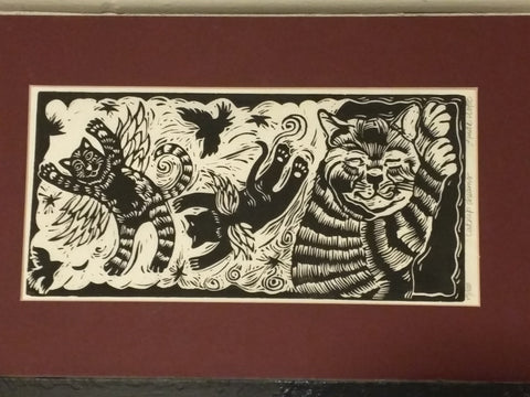 Linda Wolfe local artist cat catnip dreams original woodcut print signed and numbered