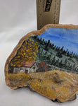 5X9 Inches Gall Burl Wood Art Painting Mountains Cabin Rustic Decor Scene Signed