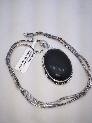 NEW Black Onyx Pendant Necklace Chain German Silver