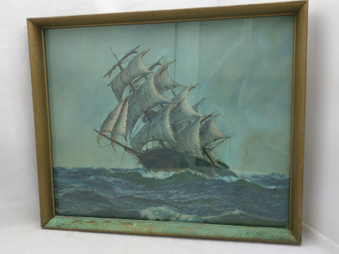 Ship Print Reliance Picture Frame Vintage Schooner 18x14 AS-IS