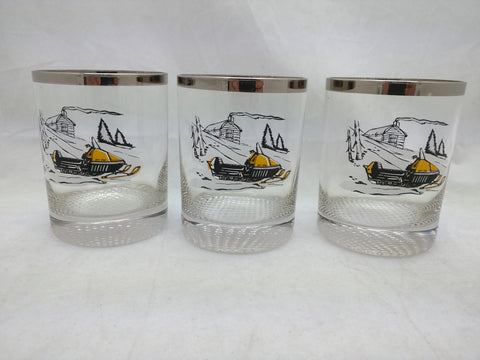 3 Ski-Doo Snowmobile Tumbler Glass Drinking Vintage Barware Lowball