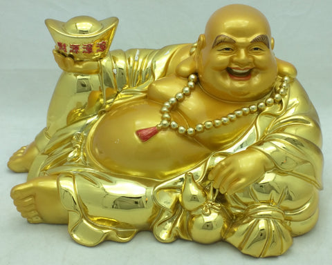 Buddha Gold Smiling Statue Figure Resin Laying Down Resting