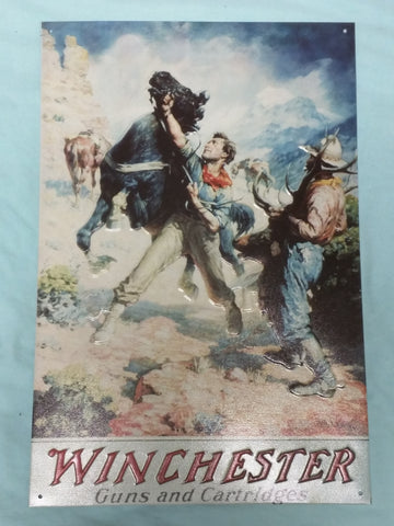 Winchester guns and cartridges cowboys horse tin sign reproduction
