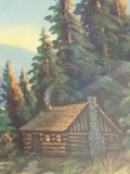 Landscape log cabin mountains print vintage Wm Thompson?