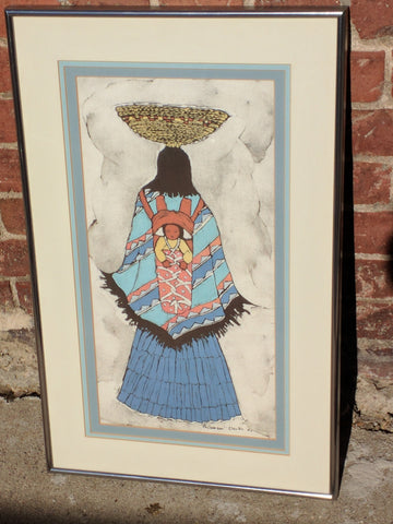 Woman Papoose Basket Framed Glass Batik Art by Philomena Clarke Native American Print Navajo?